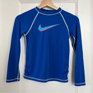 Nike Kids Logo Swoosh Activewear Exercise Rash Guard Long Sleeve Top Blue Small